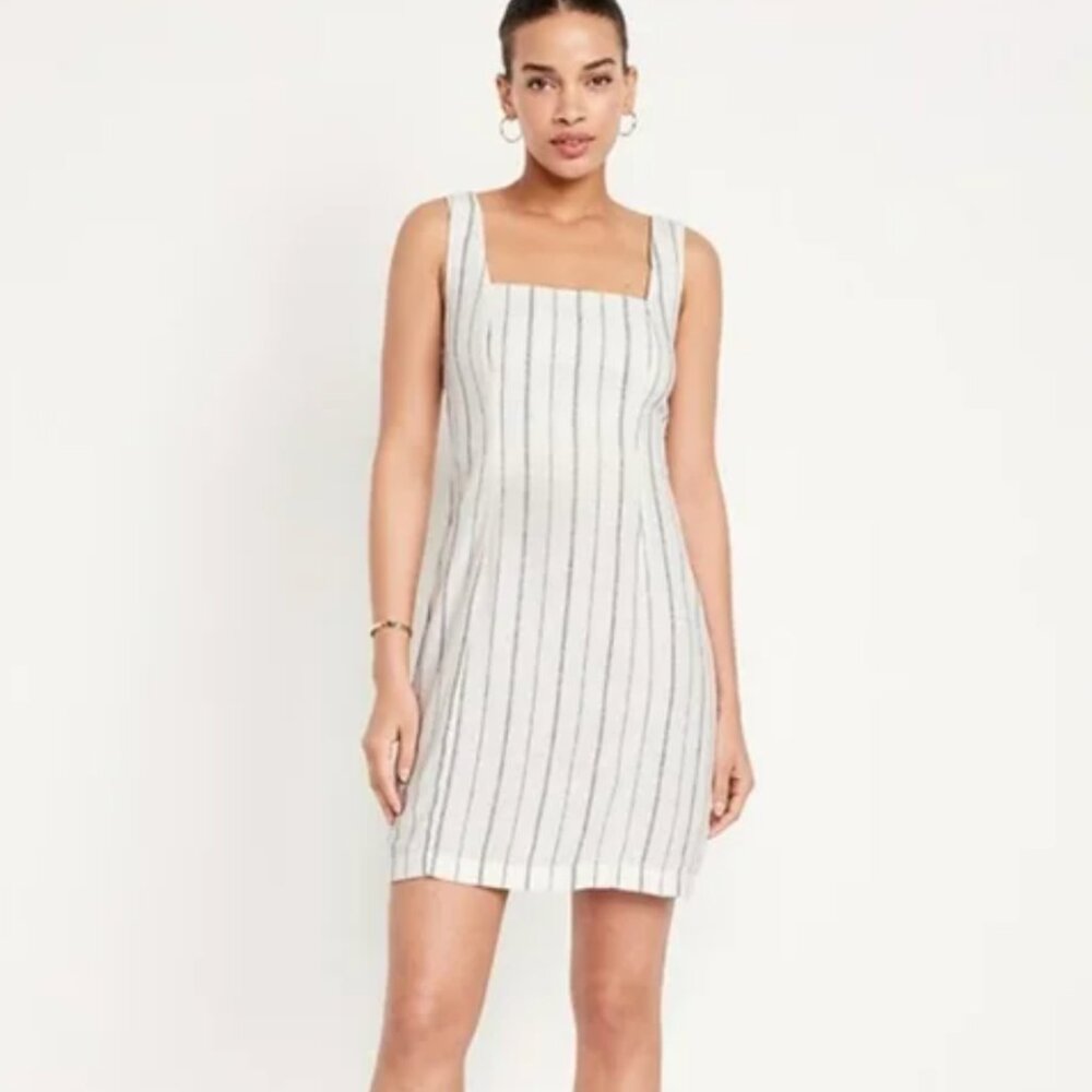 NWT Square-neck Linen-blend White Mini-dress - size S